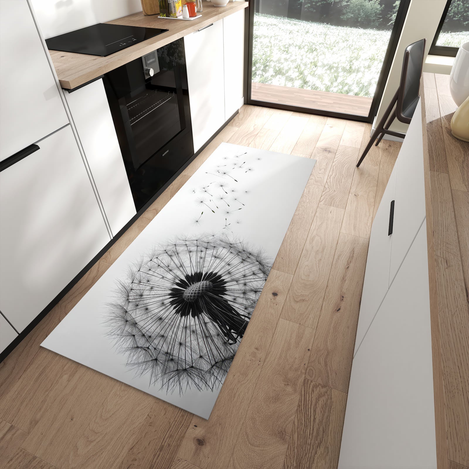 Pflegeleichter Küchenteppich mit Motiv Pusteblume im Wind in moderner Küche