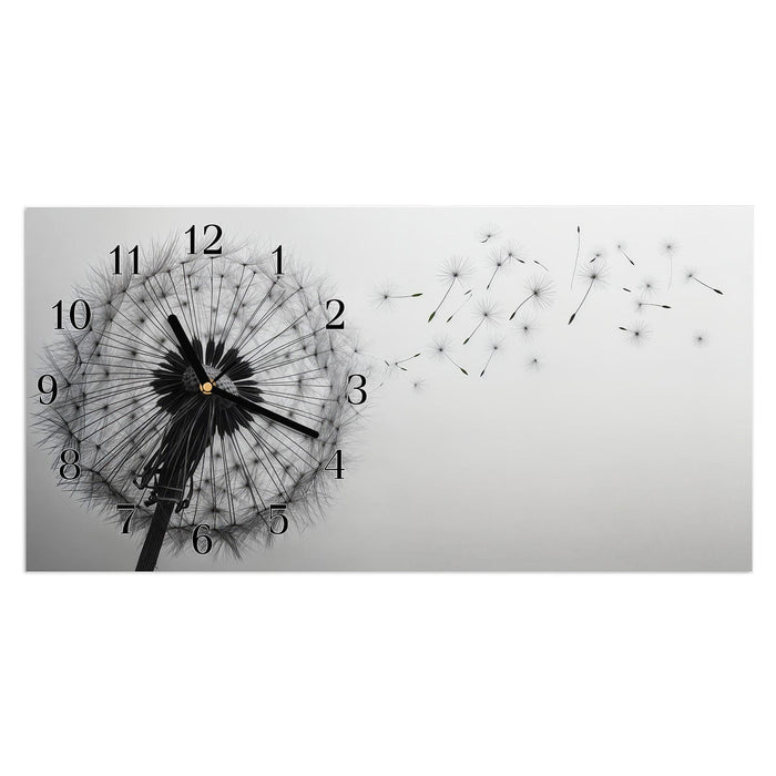 Wanduhr Pusteblume im Wind aus Glas – Querformat 60 × 30 cm mit Ziffernblatt Klassisch