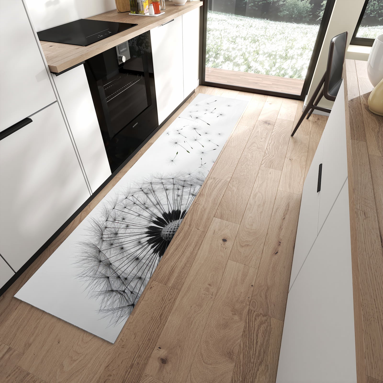 Geruchsneutraler Küchenteppich mit Motiv Pusteblume im Wind in moderner Küche