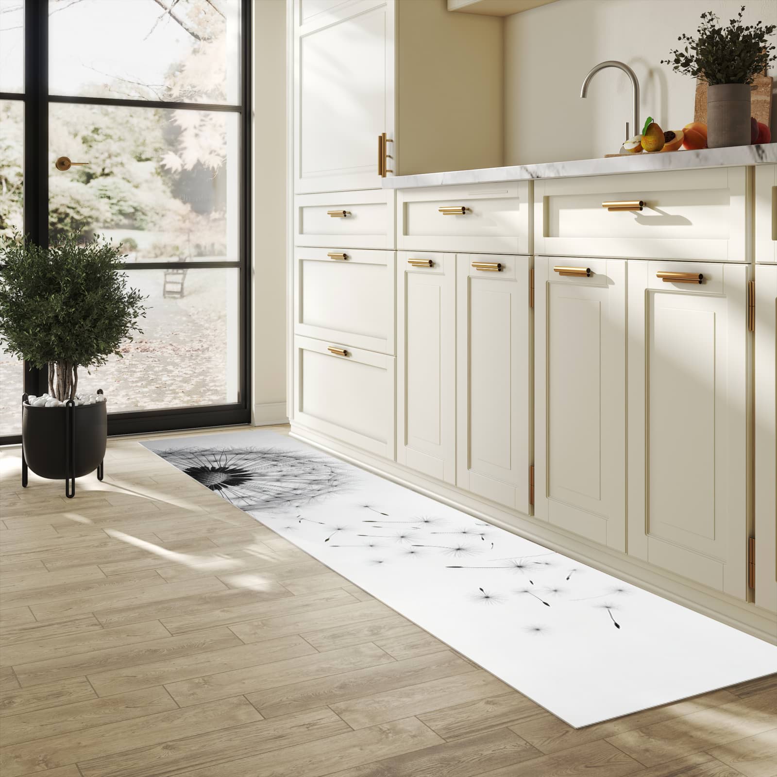 Pflegeleichter dünner Teppich mit Motiv Pusteblume im Wind in heller Küche