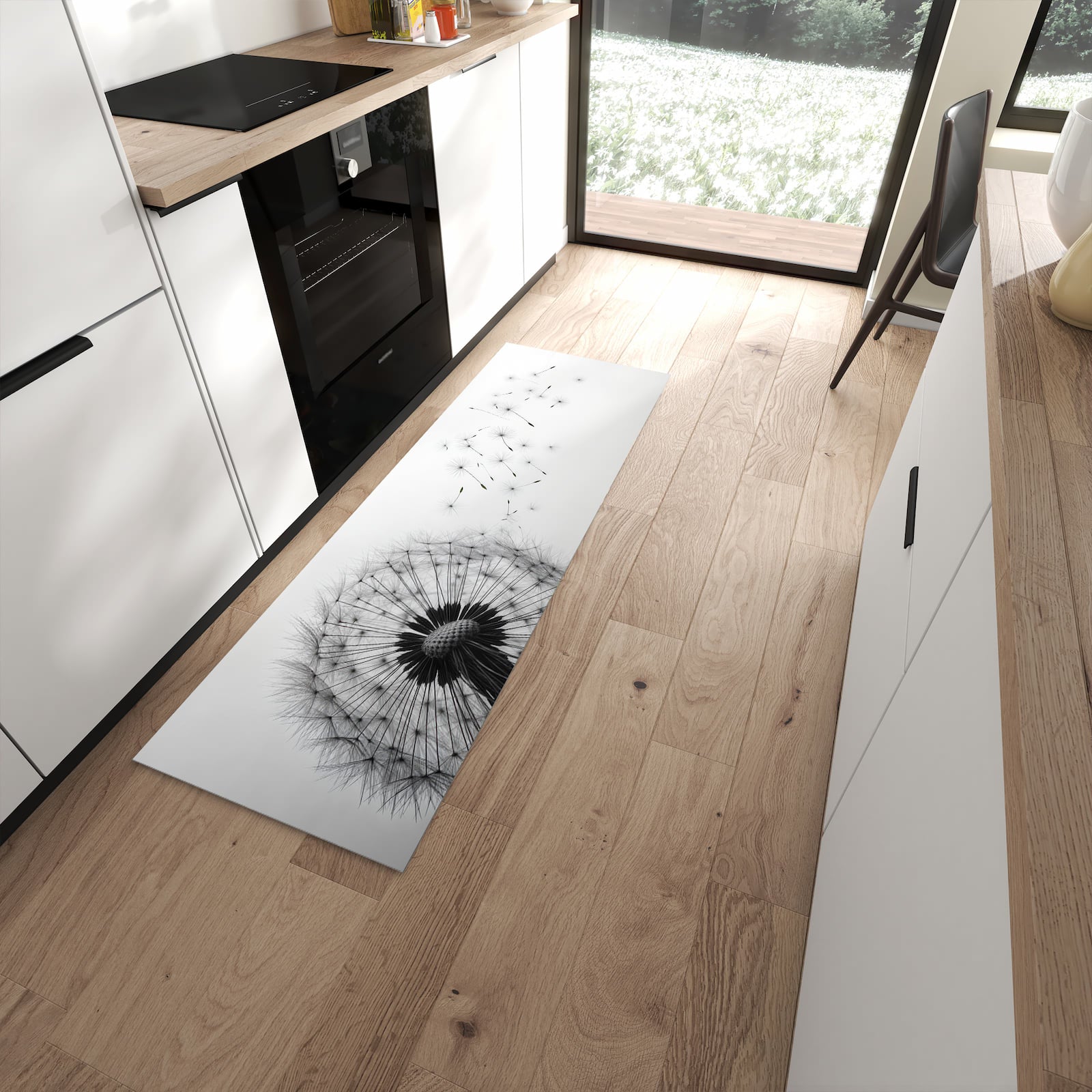 Fleckenresistenter Küchenteppich mit Motiv Pusteblume im Wind in moderner Küche
