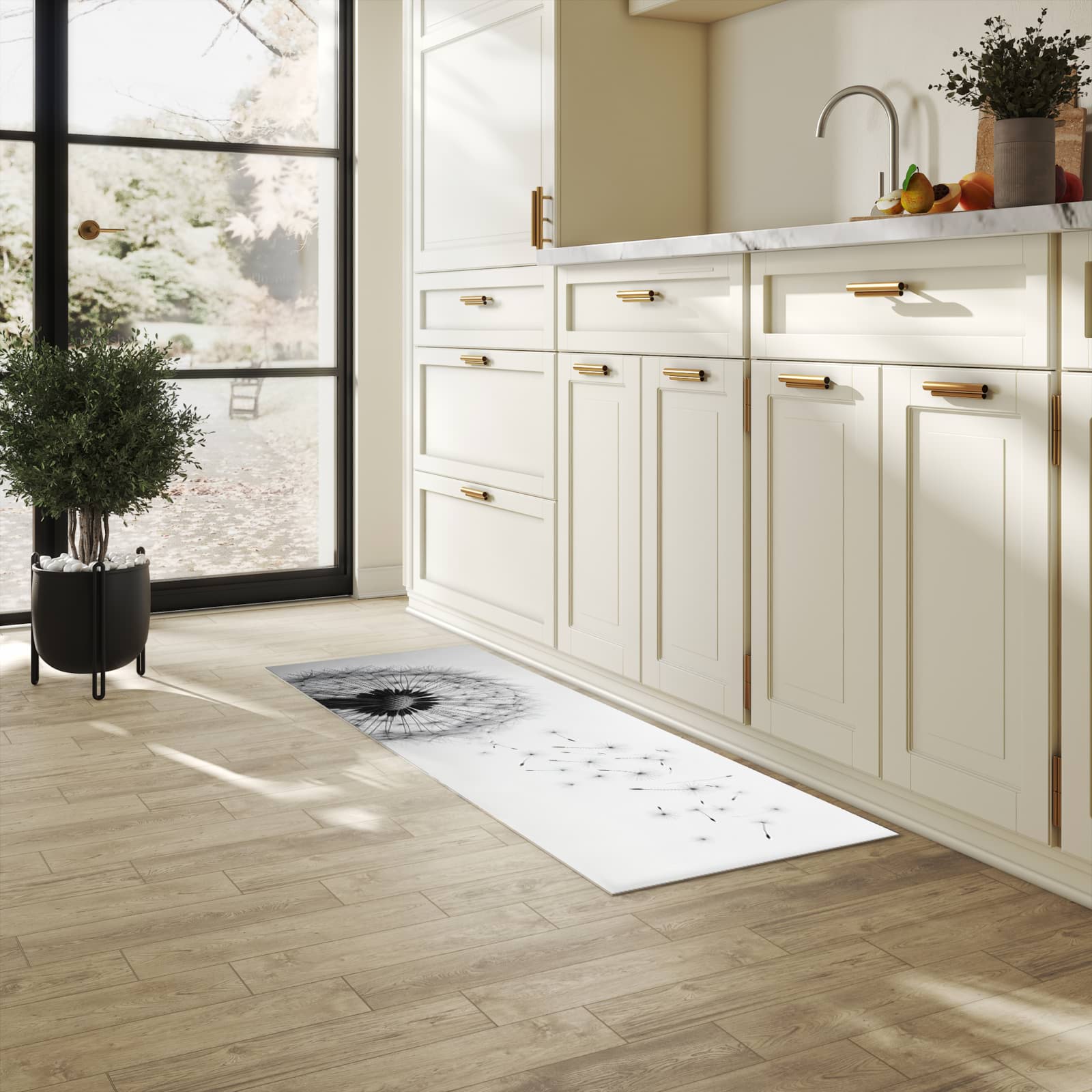 Geruchsneutraler langer Teppich mit Motiv Pusteblume im Wind in heller Küche