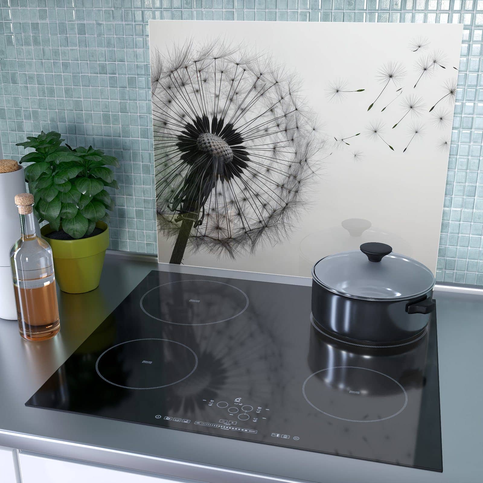 1-teilige Herdabdeckung mit Pusteblume im Wind-Motiv als Spritzschutz hinter dem Kochfeld