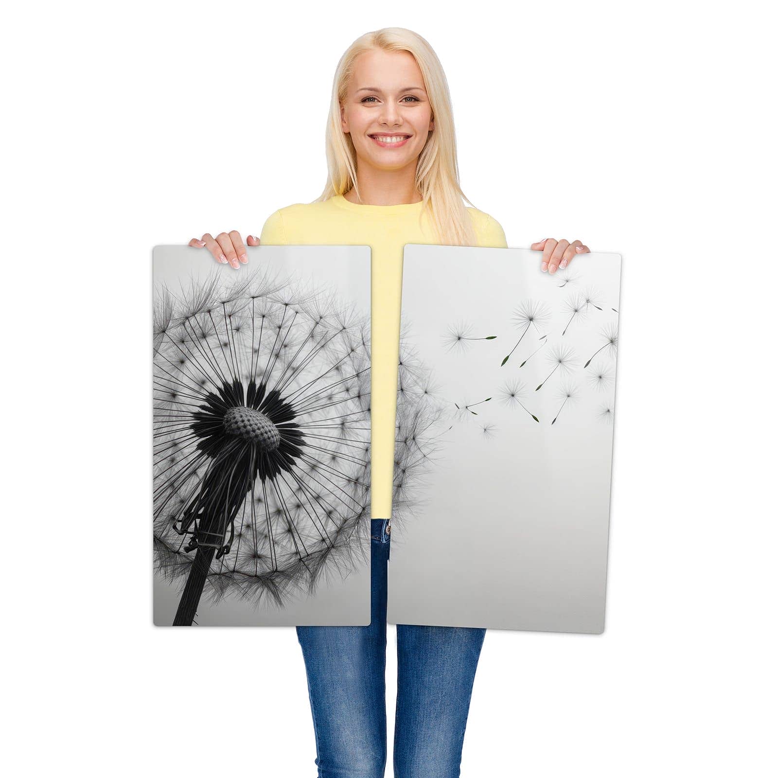 2-teilige Abdeckplatten für Ceranfeld mit Pusteblume im Wind-Motiv wird zur Größendarstellung gehalten