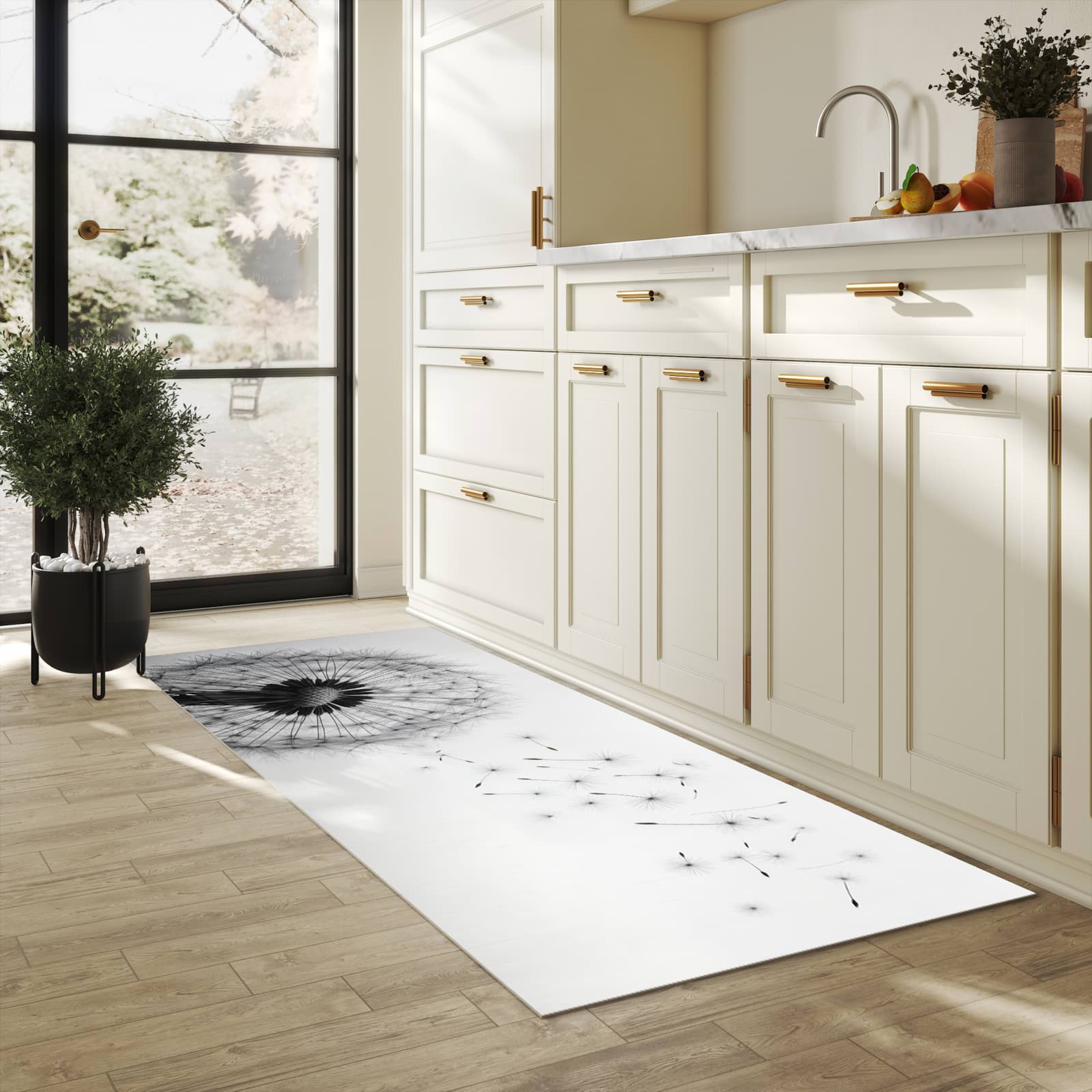 Waschbarer Bodenläufer Teppich mit Motiv Pusteblume im Wind in heller Küche