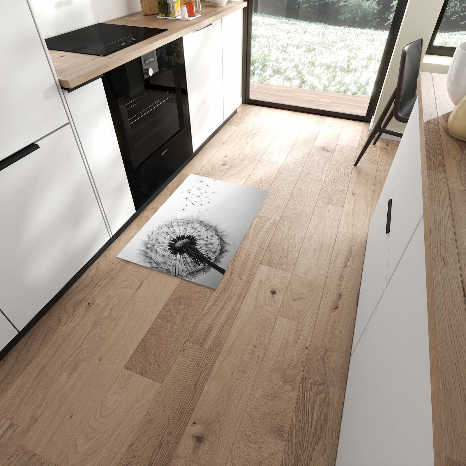 Flacher Küchenteppich mit Motiv Pusteblume im Wind in moderner Küche