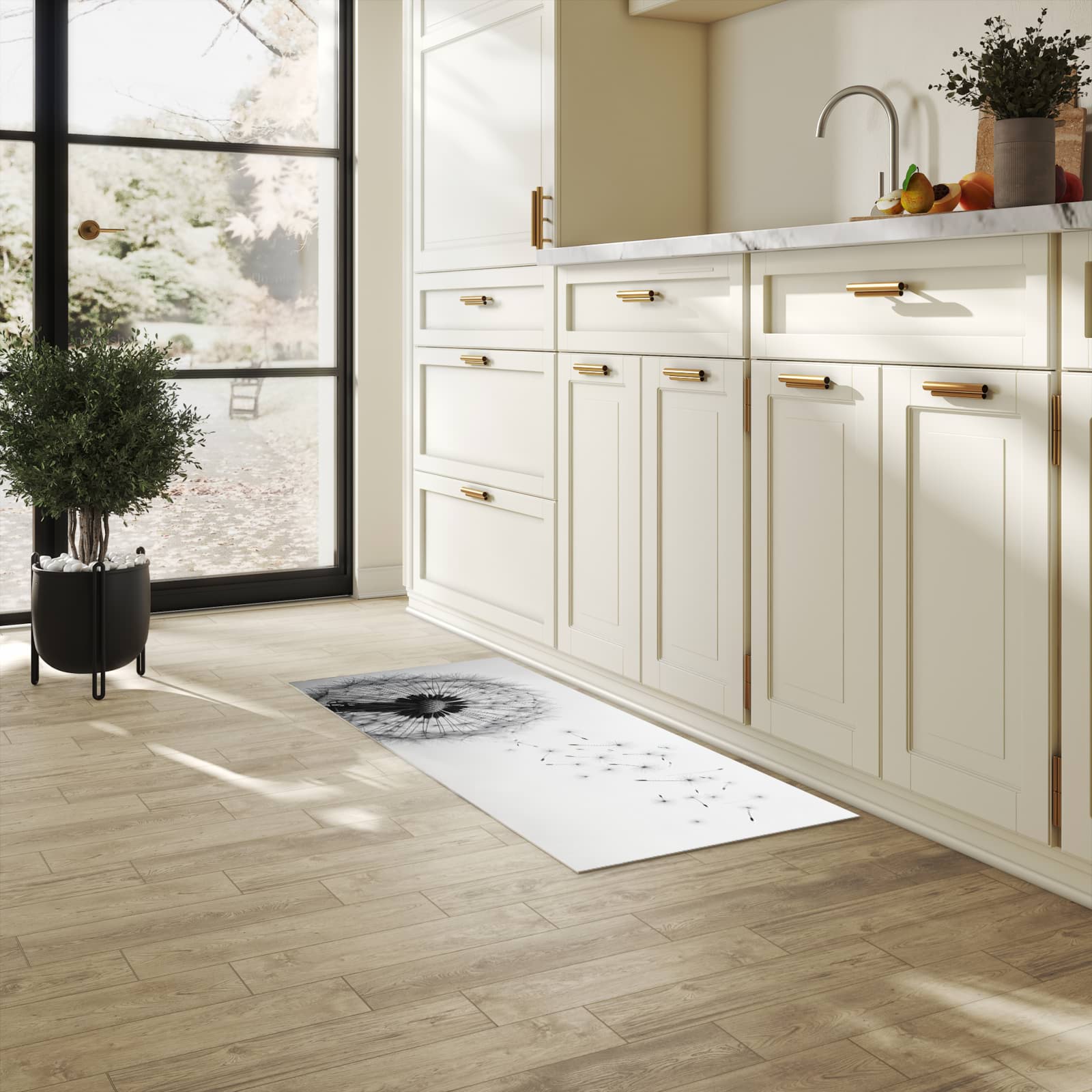 Schmutzabweisender waschbarer Küchenläufer mit Motiv Pusteblume im Wind in heller Küche