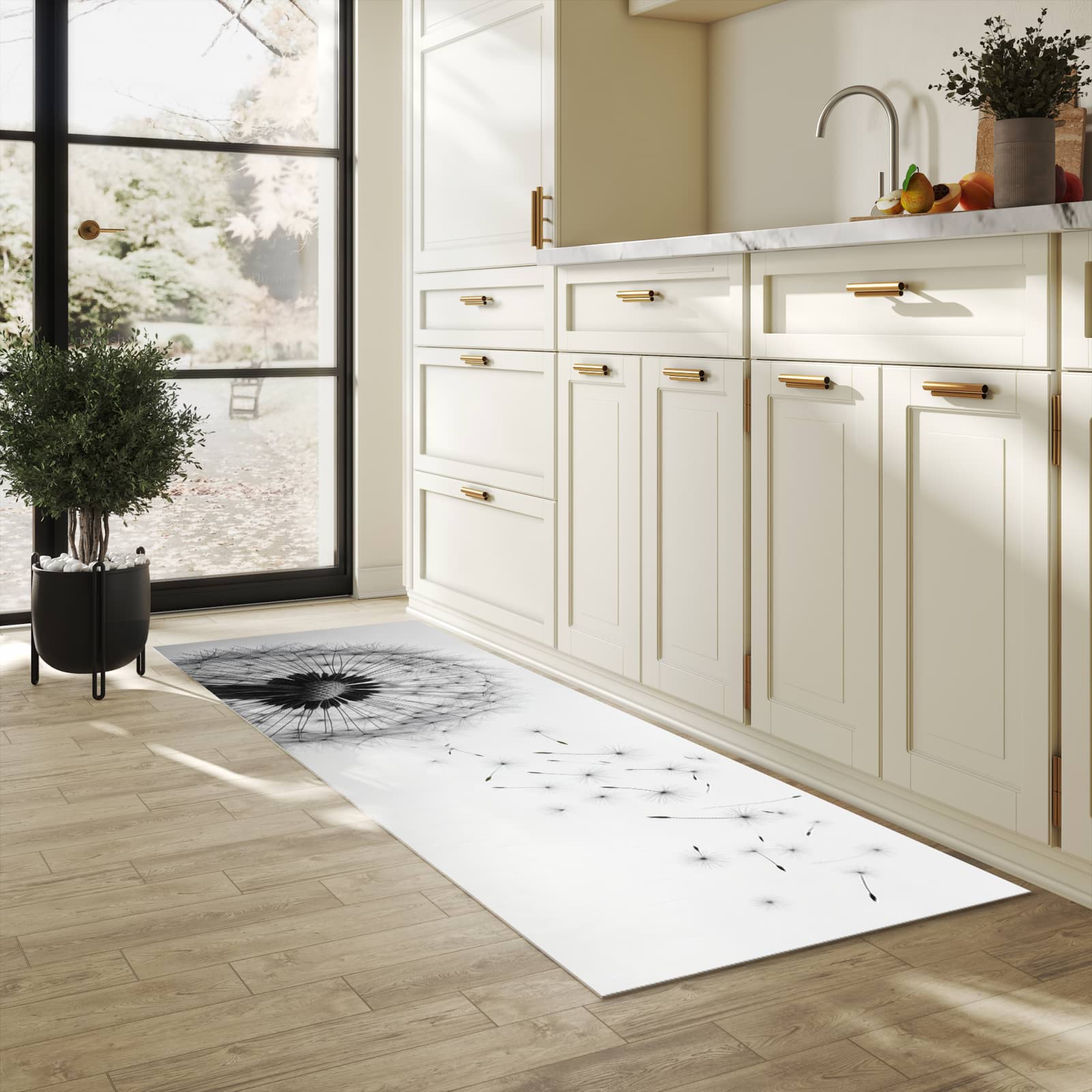 Waschbarer Teppich fürs Esszimmer mit Motiv Pusteblume im Wind in heller Küche