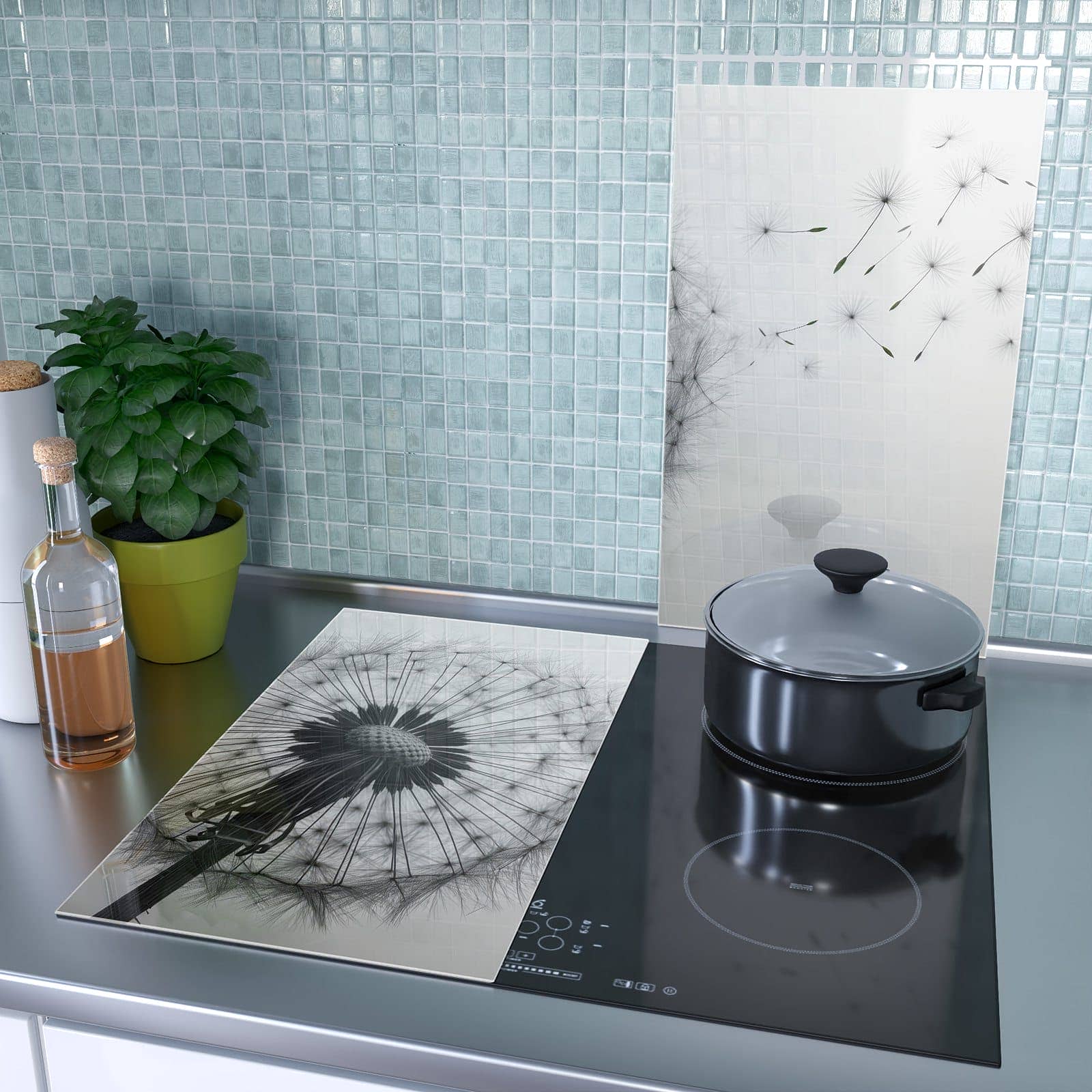 2-teilige Herdabdeckung mit Pusteblume im Wind-Motiv als Spritzschutz hinter dem Kochfeld