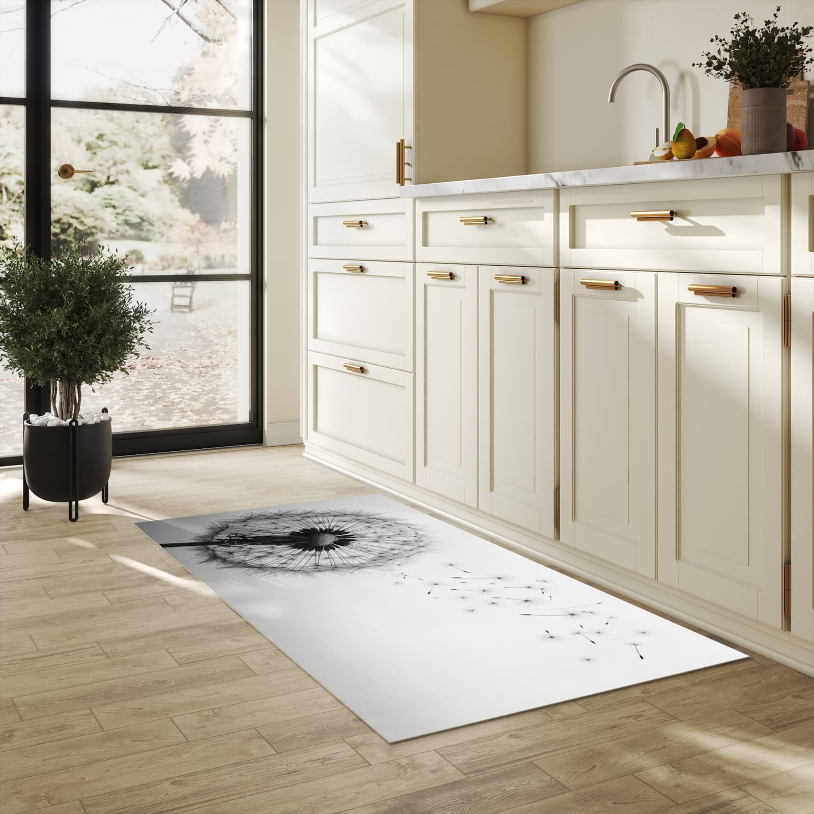 Strapazierfähiger Bodenläufer mit Motiv Pusteblume im Wind in heller Küche