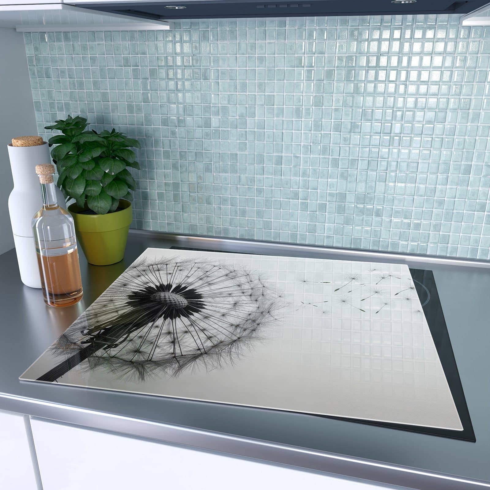 1-teilige Herdabdeckung aus Glas mit Pusteblume im Wind-Motiv auf dem Ceranfeld