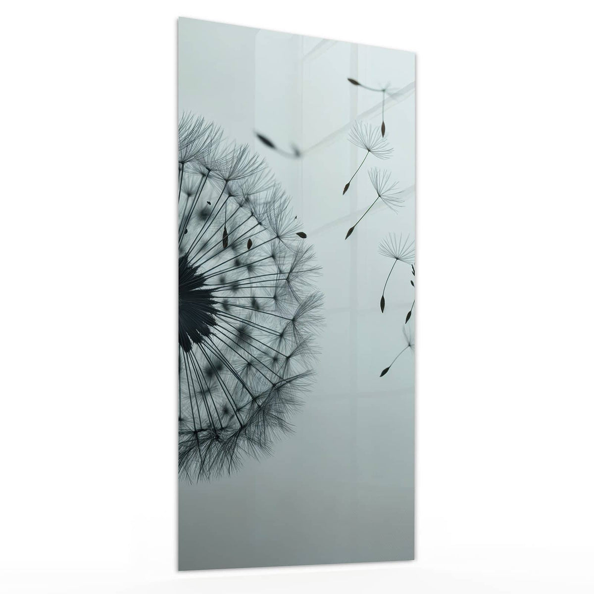 Glasbild Pusteblume in Graublau von der Seite, 4 mm Echtglas
