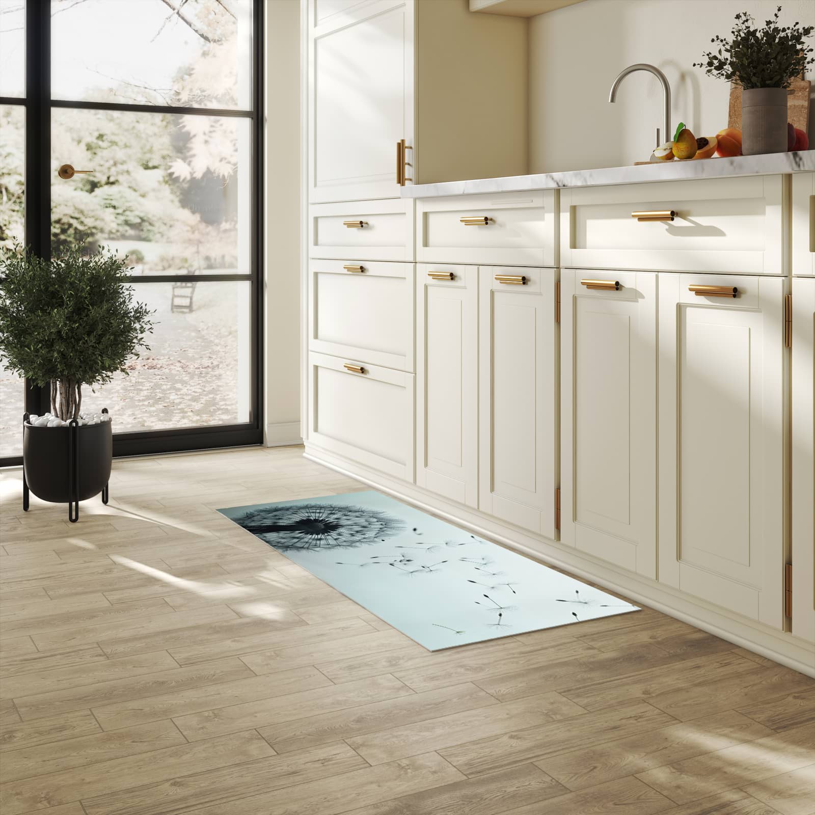 Bodenschonender Küchenteppich mit Motiv In Wind Pusteblume in heller Küche