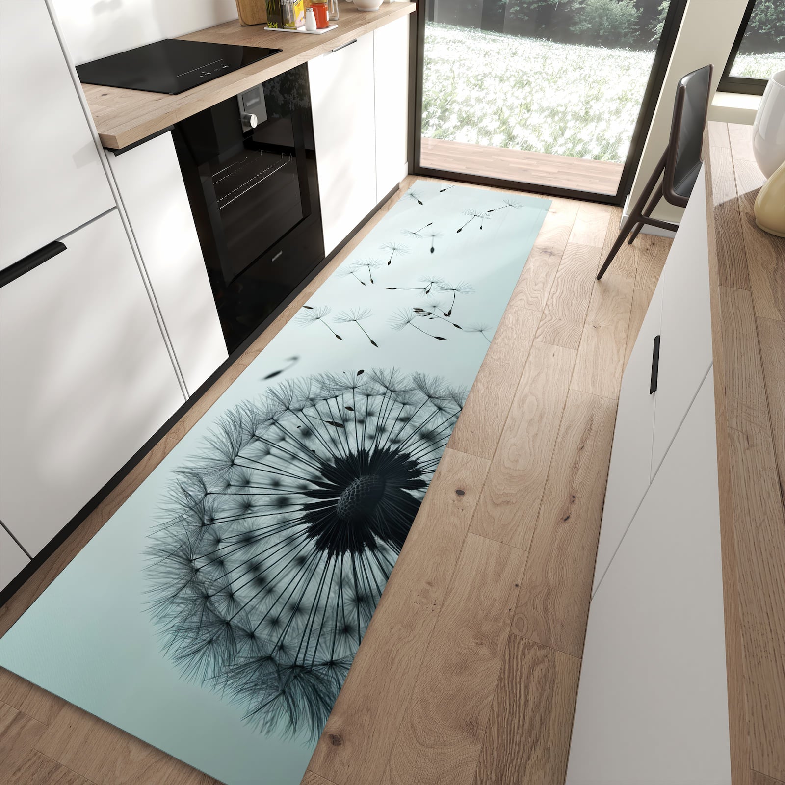 Geräuschdämpfender waschbarer Küchenläufer mit Motiv In Wind Pusteblume in moderner Küche