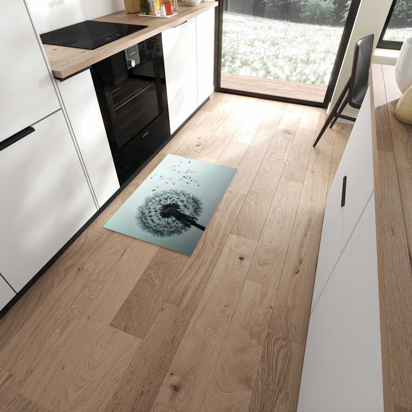 Farbbeständiger waschbarer Küchenläufer mit Motiv In Wind Pusteblume in moderner Küche