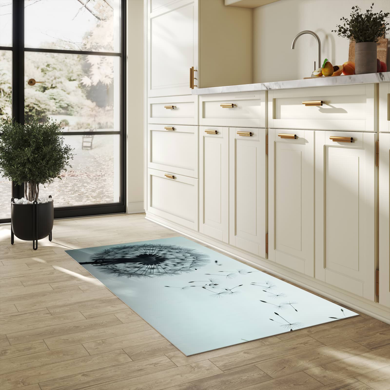 Komfortabler Küchenläufer mit Motiv In Wind Pusteblume in heller Küche für angenehmes Stehen