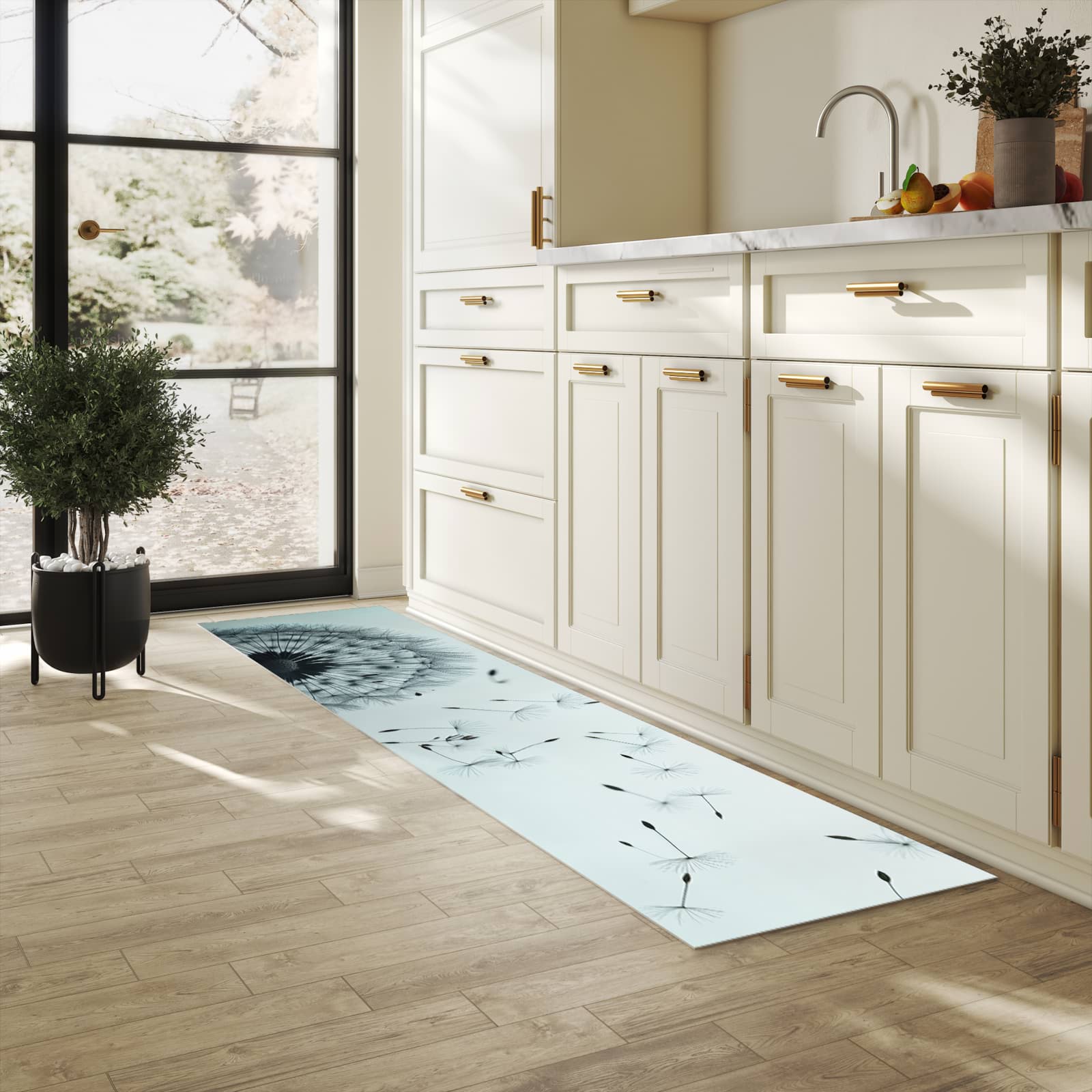 Farbbeständiger Läufer für die Küche mit Motiv In Wind Pusteblume in heller Küche