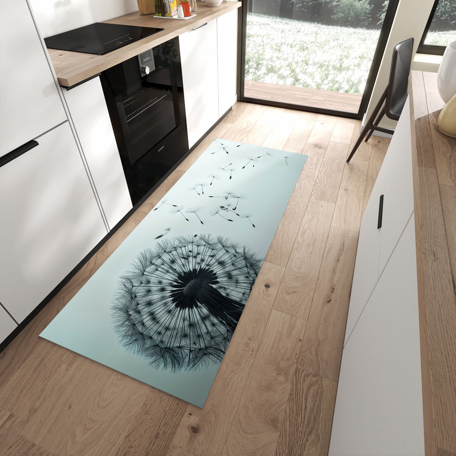 Formstabiler rutschfester Küchenläufer mit Motiv In Wind Pusteblume in moderner Küche