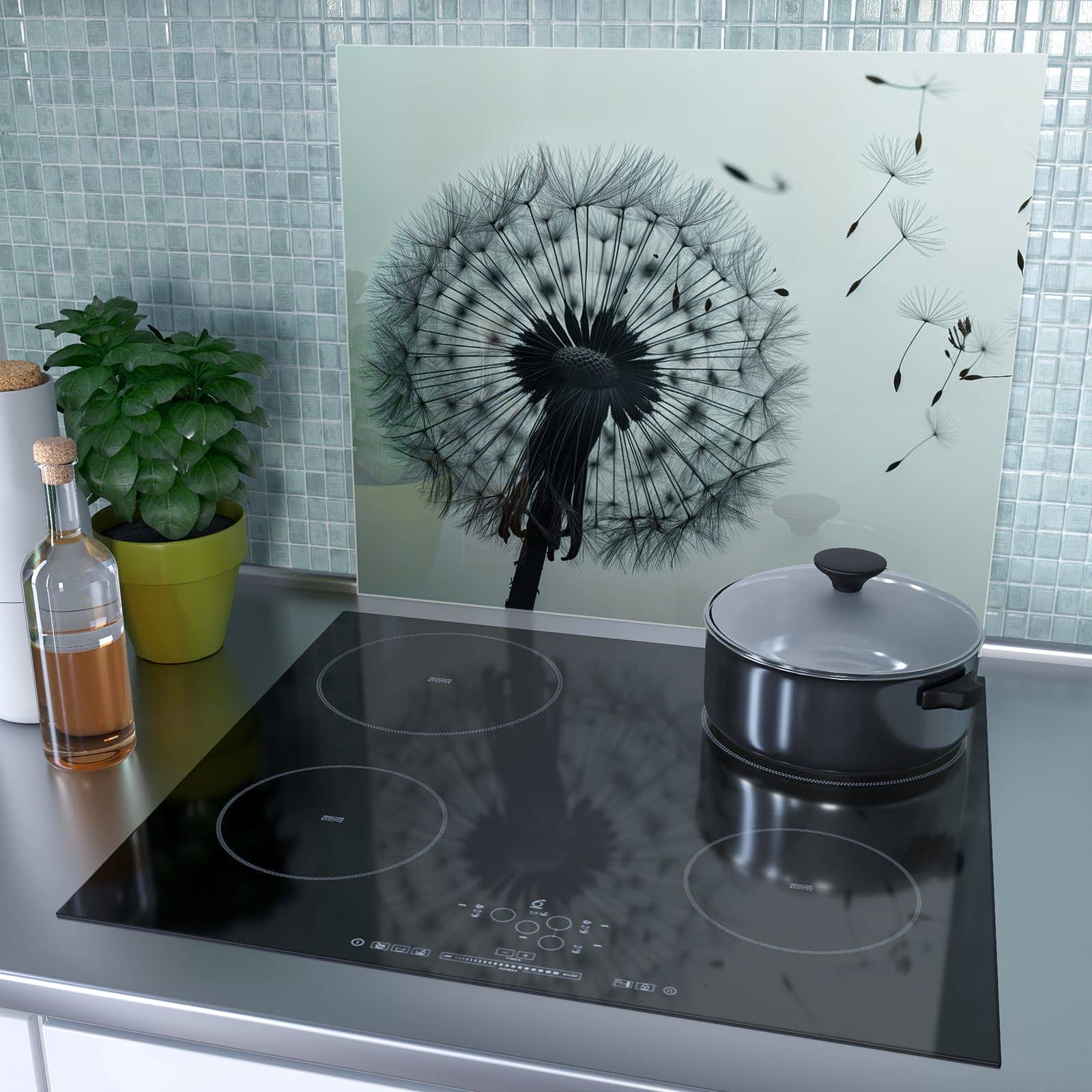 1-teilige Herdabdeckplatte mit Sanfte Pusteblume-Motiv als Spritzschutz hinter dem Kochfeld