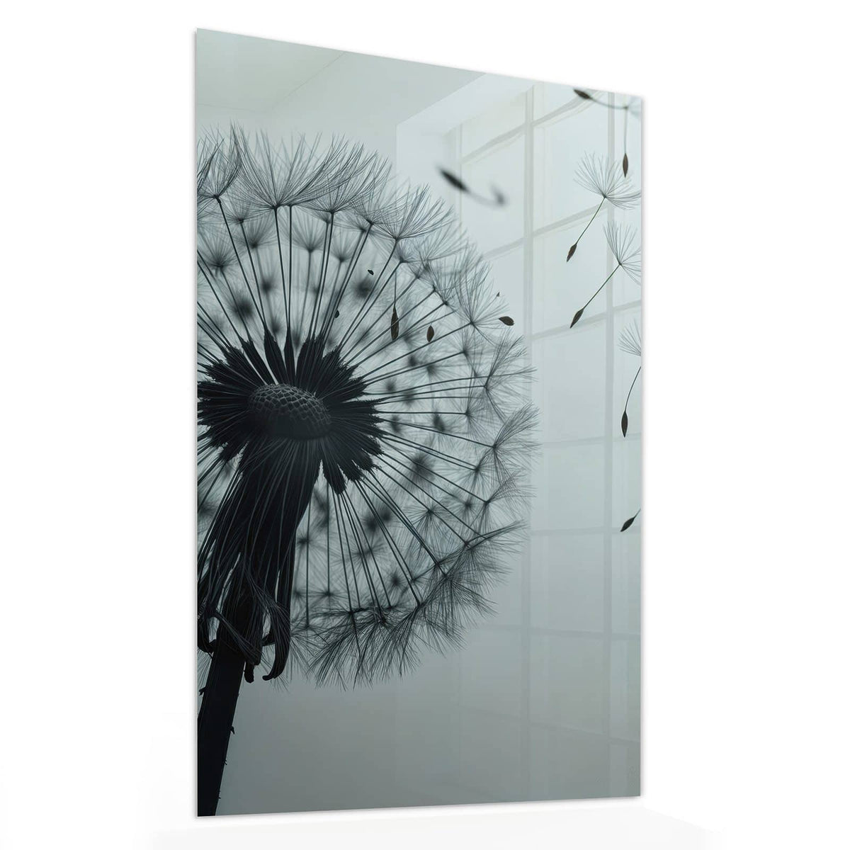 Glasbild Pusteblume in Graublau von der Seite, 4 mm Echtglas