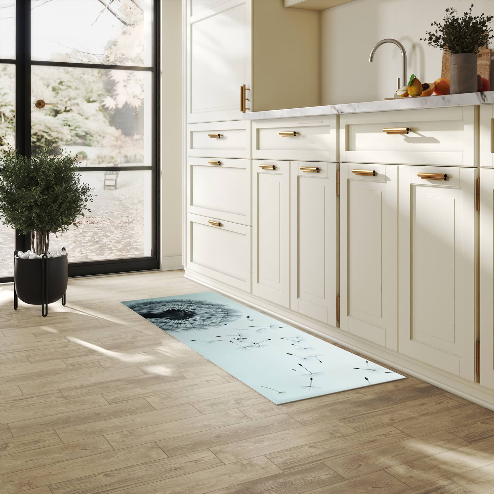 Küchenteppich mit Motiv In Wind Pusteblume für Ordnung & Übersicht in heller Küche