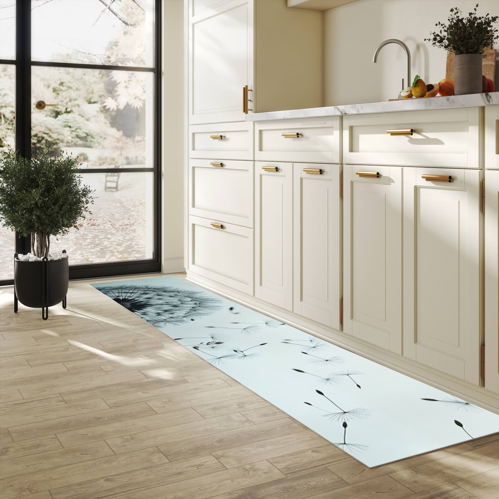 Formstabiler Küchenläufer mit Motiv In Wind Pusteblume in heller Küche