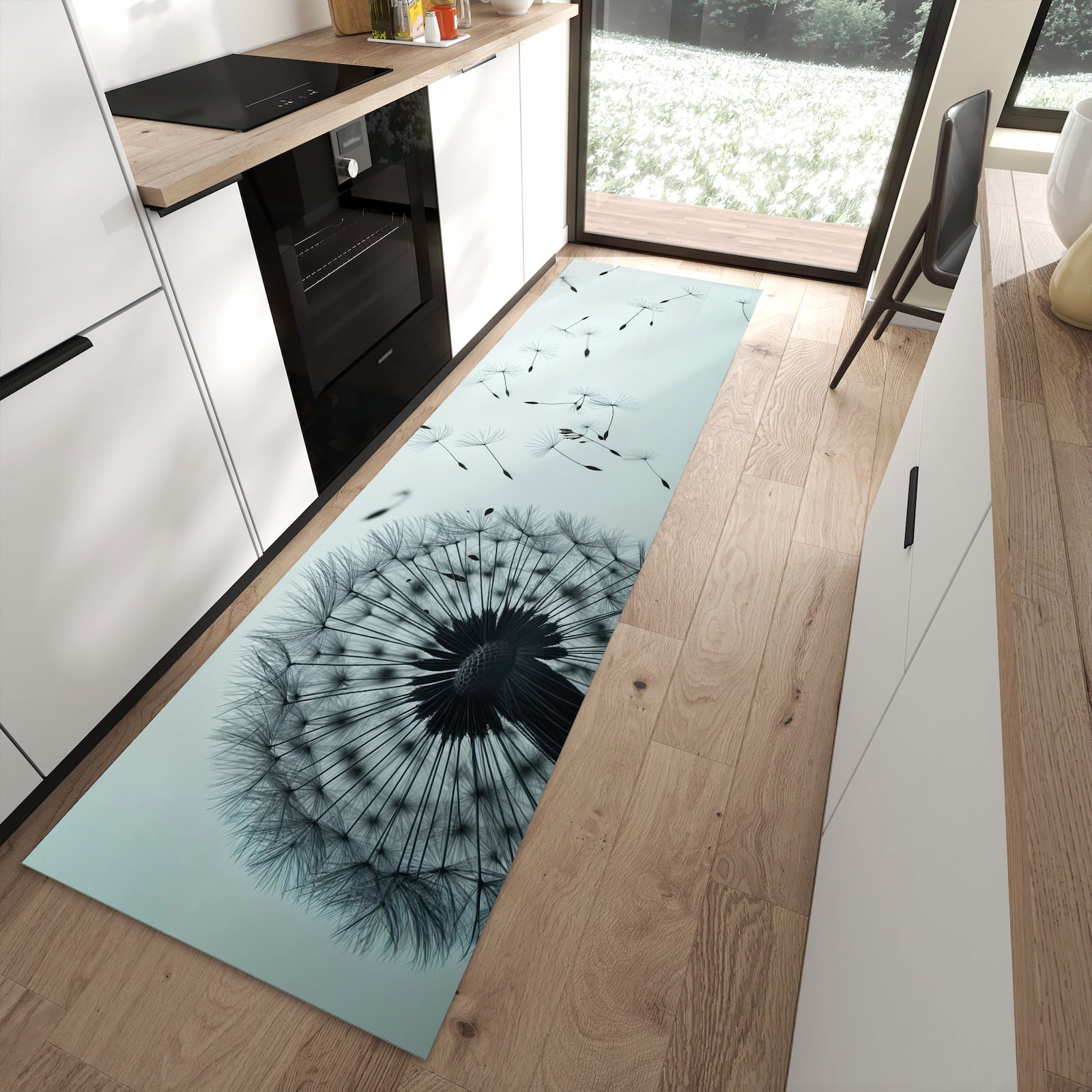 Zeitsparender Küchenläufer nach Maß mit Motiv In Wind Pusteblume in moderner Küche