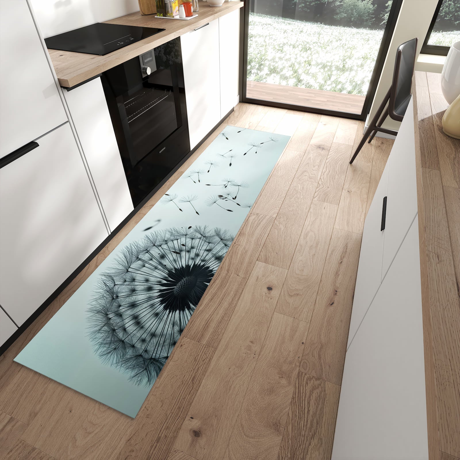 Rutschfester Küchenläufer mit Motiv In Wind Pusteblume schützt Böden in moderner Küche