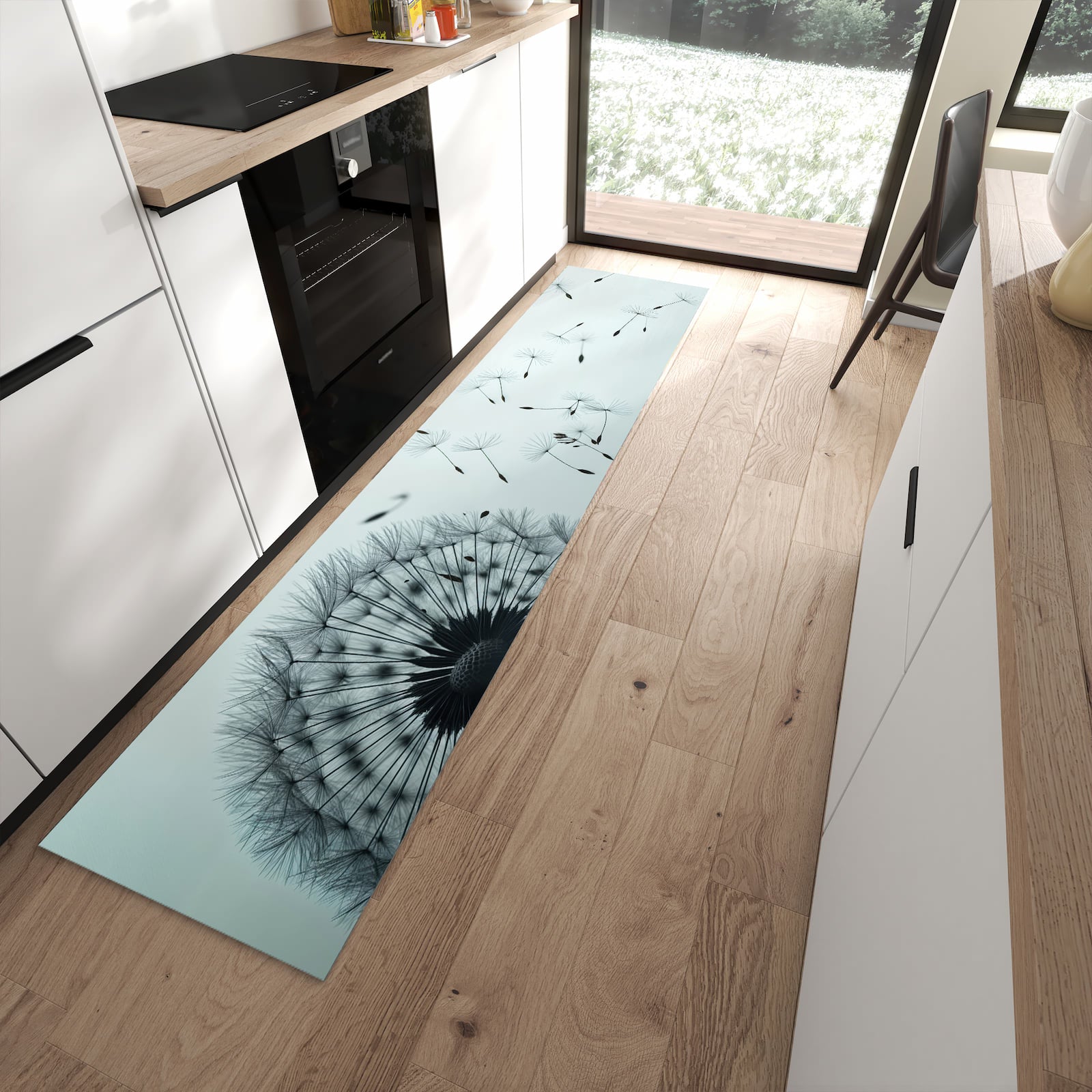 Rutschfester Küchenläufer mit Motiv In Wind Pusteblume für Ordnung in moderner Küche