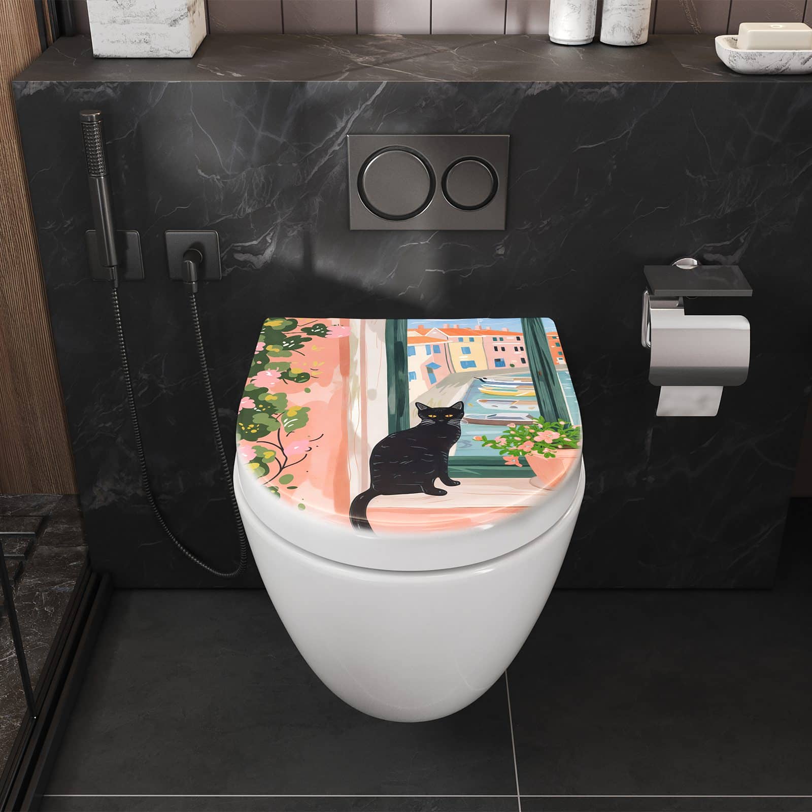 WC-Sitz mit Absenkautomatik Katze am Fenster