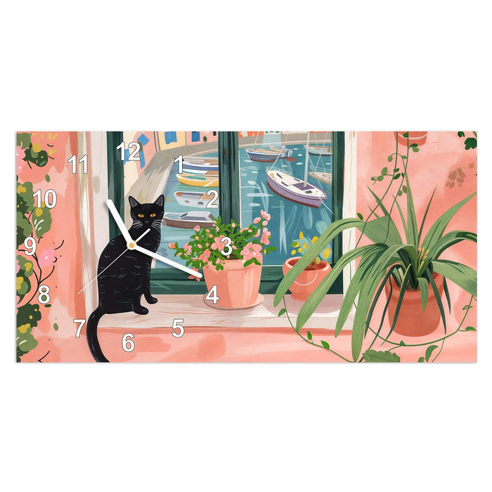 Wanduhr Katze am Fenster aus Glas – Querformat 60 × 30 cm mit Ziffernblatt Modern