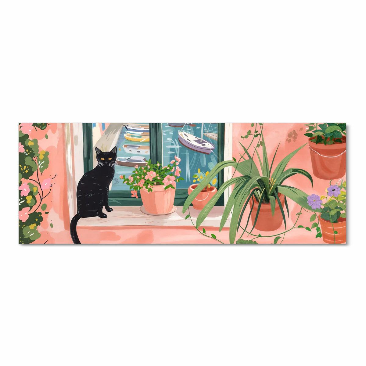 Farbbeständiger Teppich für die Küche mit Motiv Katze am Fenster in Frontansicht