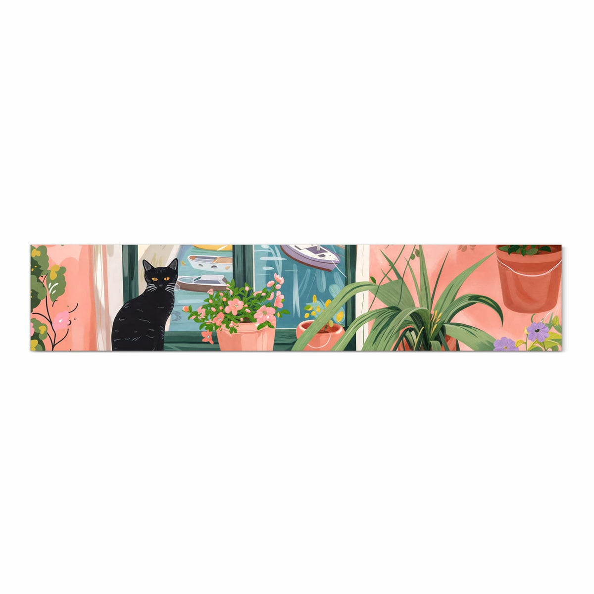 Rutschfester Küchenteppich mit Motiv Katze am Fenster in Frontansicht, abwaschbar