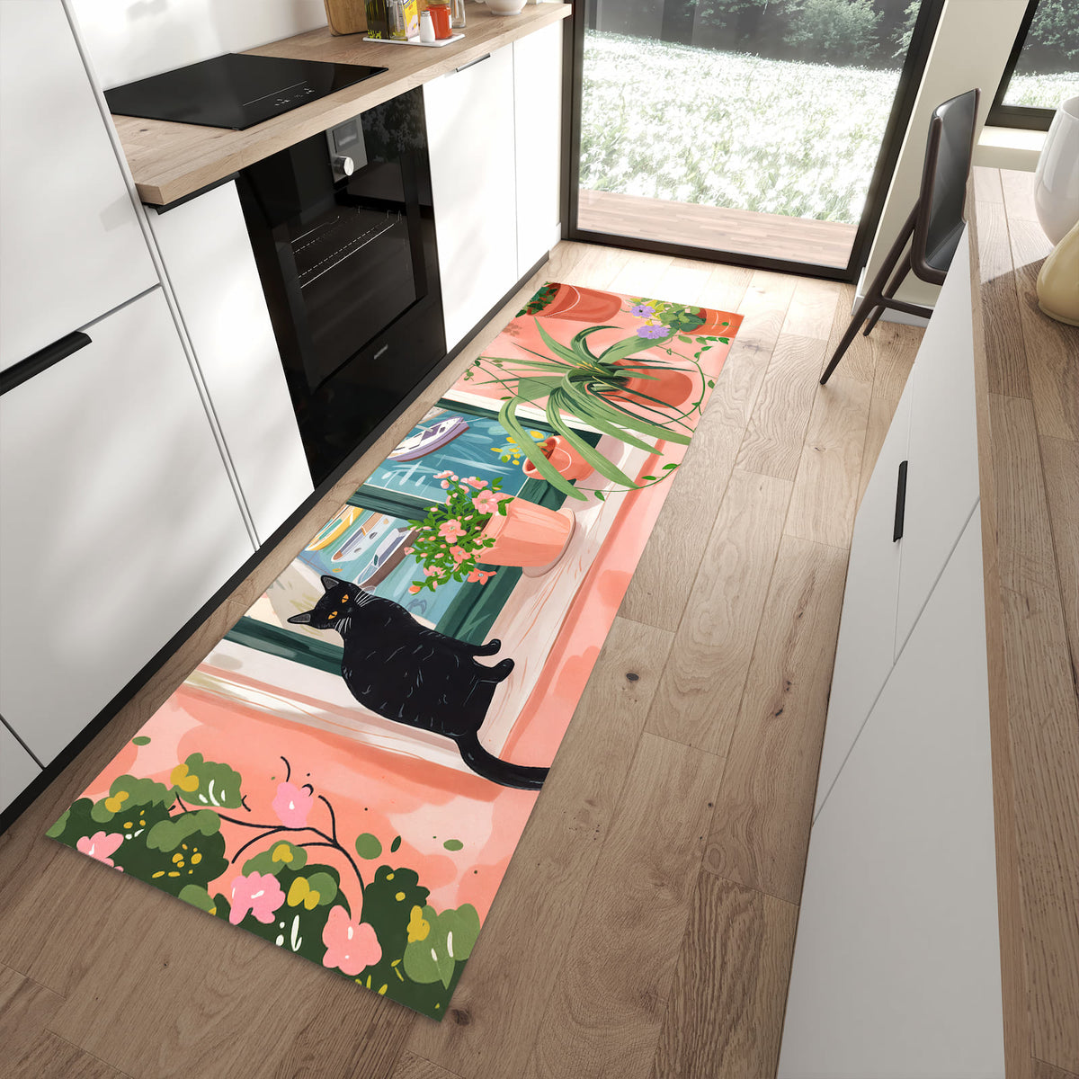 Leicht zu reinigender Küchenteppich mit Motiv Katze am Fenster in moderner Küche