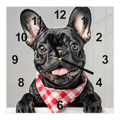 Wanduhr Quadratisch mit dem Motiv Bulldogge mit Halstuch