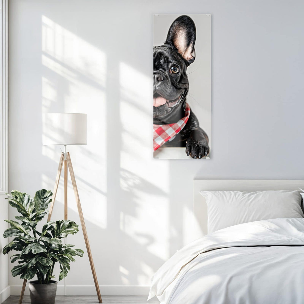 Glasbild Bulldogge mit Halstuch an der Wand – Schwarze Französische Bulldogge mit rot-weiß kariertem Halstuch, Pfoten auf weißer Kante
