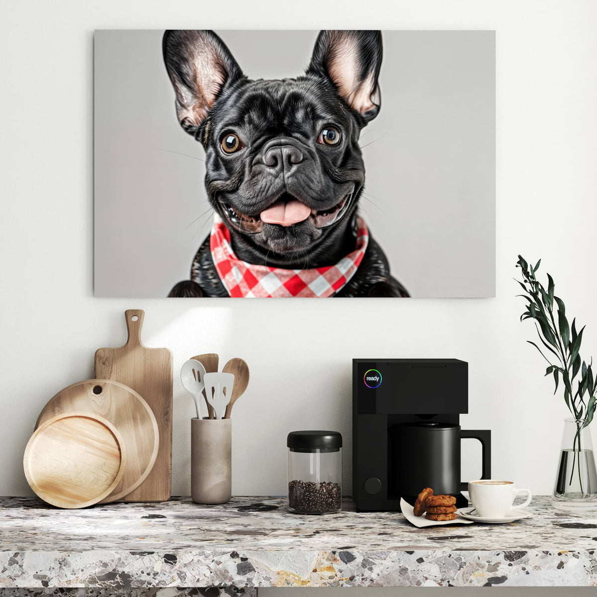 Metall Magnettafel - Bulldogge mit Halstuch – Französische Bulldogge mit kariertem Halstuch