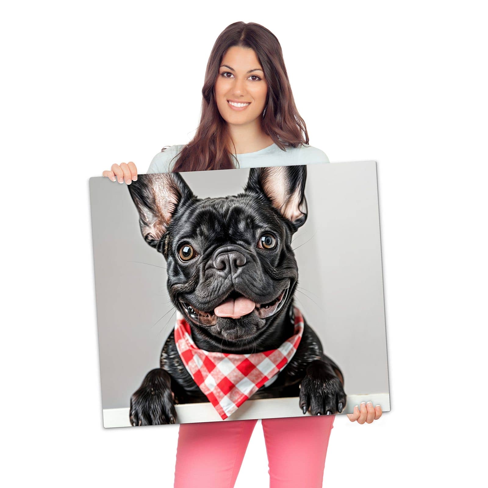 Herdabdeckplatte Induktion mit Französische Bulldogge-Motiv wird zur Größendarstellung gehalten