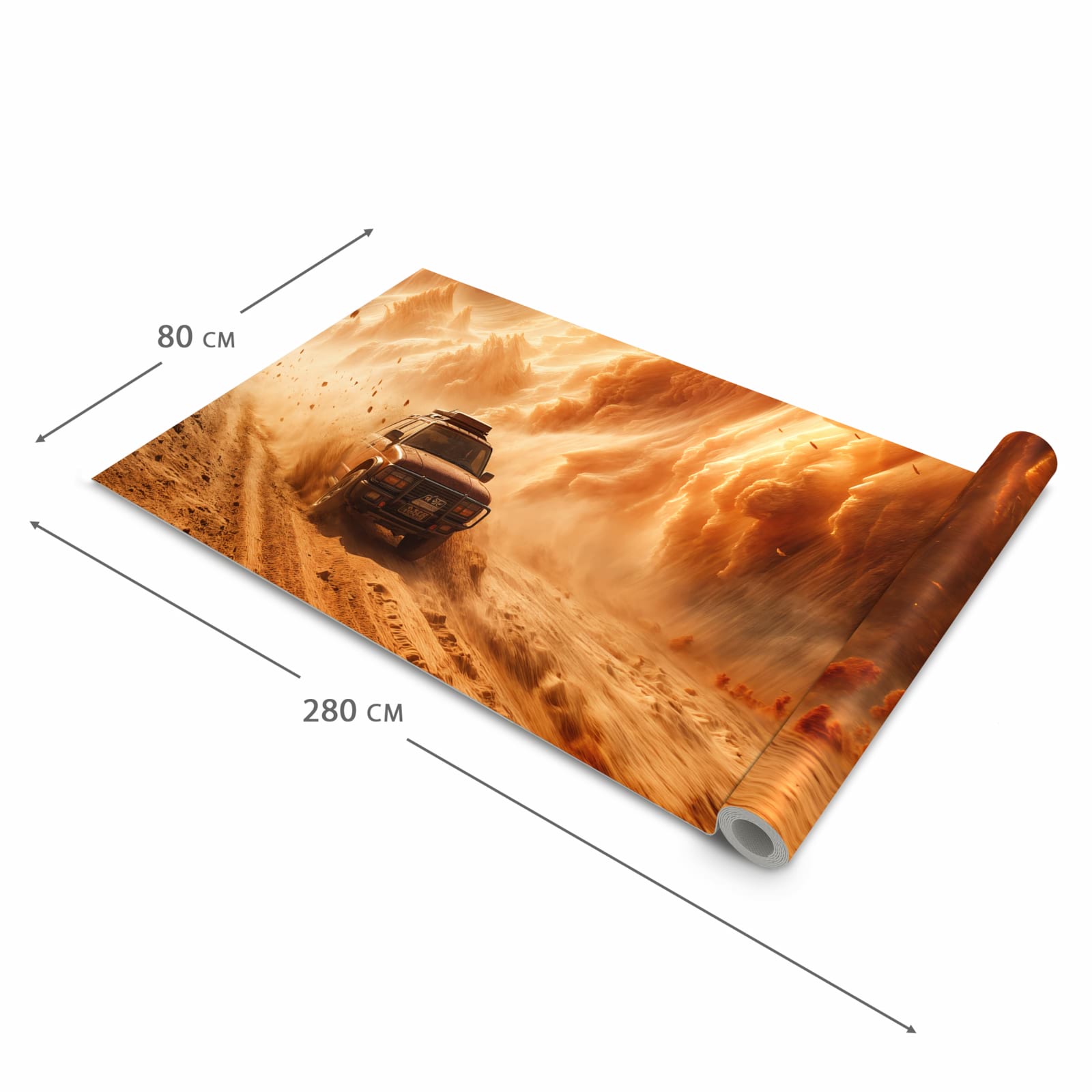 Dünner Küchenteppich mit Motiv Sandsturm Jeep Abenteuer in der Grösse 60x90 cm - angenehme Haptik