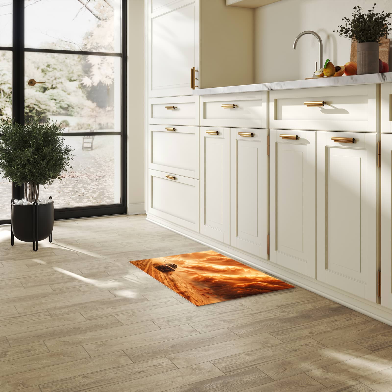 Geräuschdämpfender rutschfester Küchenteppich mit Motiv Sandsturm Jeep Abenteuer in heller Küche