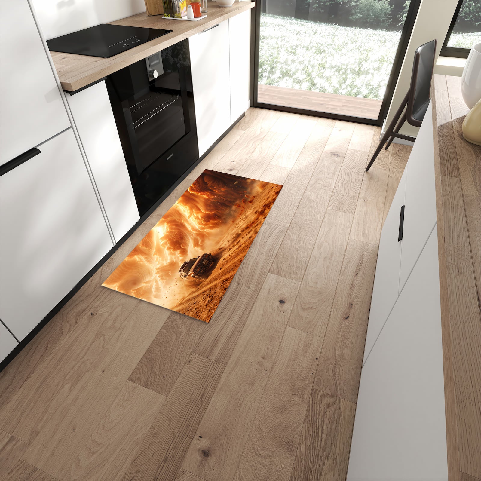 Feuchtigkeitsresistenter Küchenläufer mit Motiv Sandsturm Jeep Abenteuer in moderner Küche #grösse_60 x 120 cm