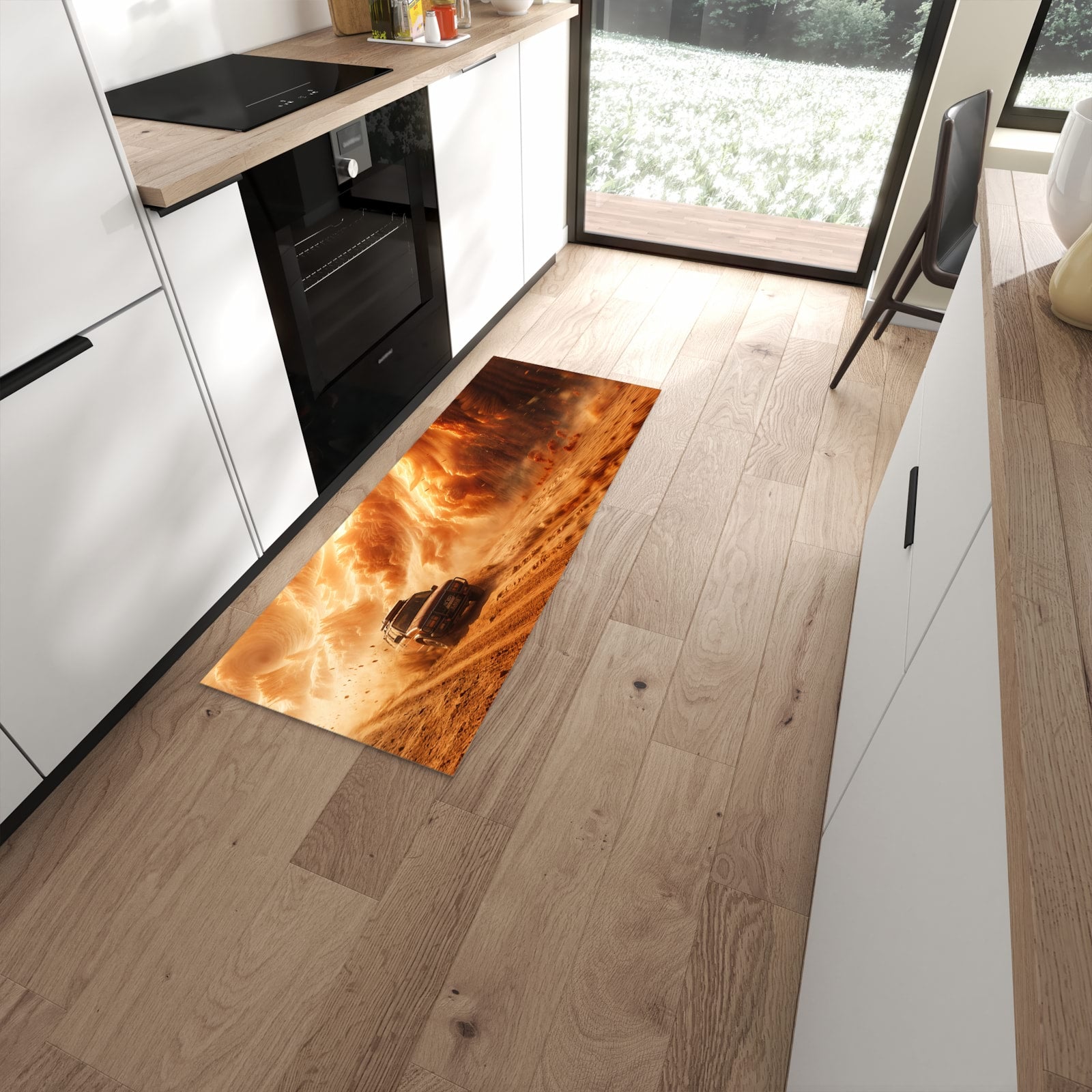 Bodenschonender Küchenteppich mit Motiv Sandsturm Jeep Abenteuer in moderner Küche #grösse_60 x 150 cm