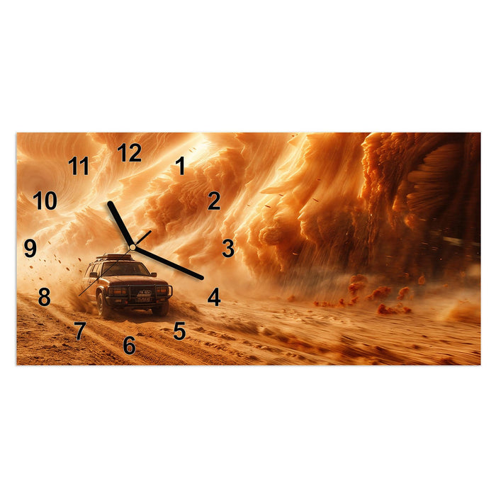 Wanduhr Sandsturm Jeep Abenteuer aus Glas – Querformat 60 × 30 cm mit Ziffernblatt Modern