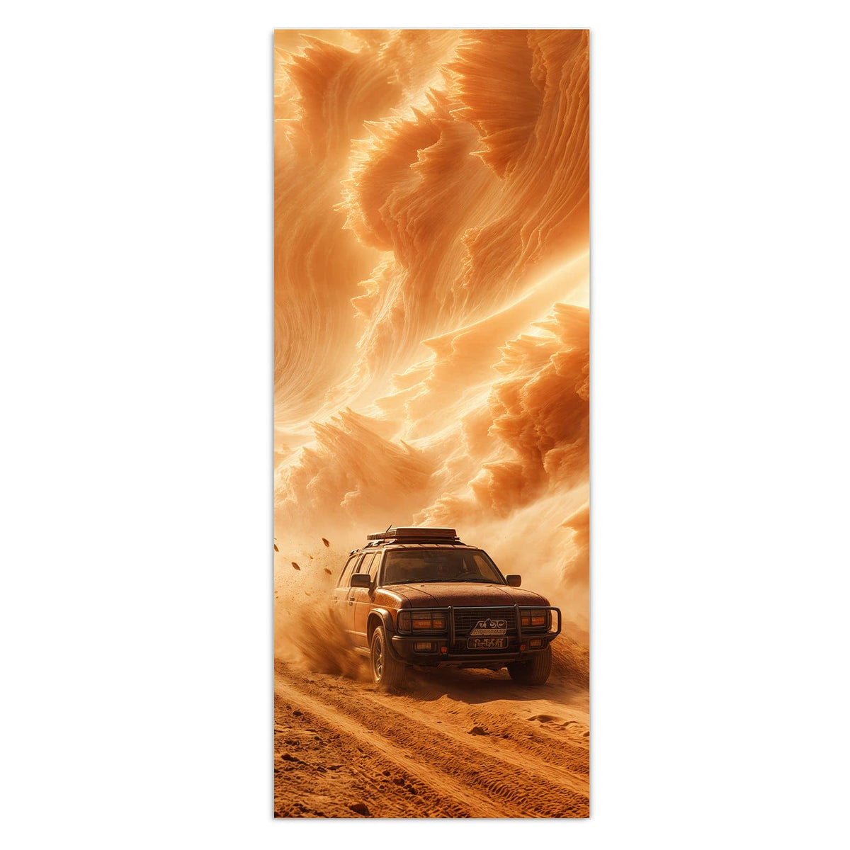 Wandbild - Auto im Sandsturm - Hochformat – Geländewagen im orangen Sandsturm