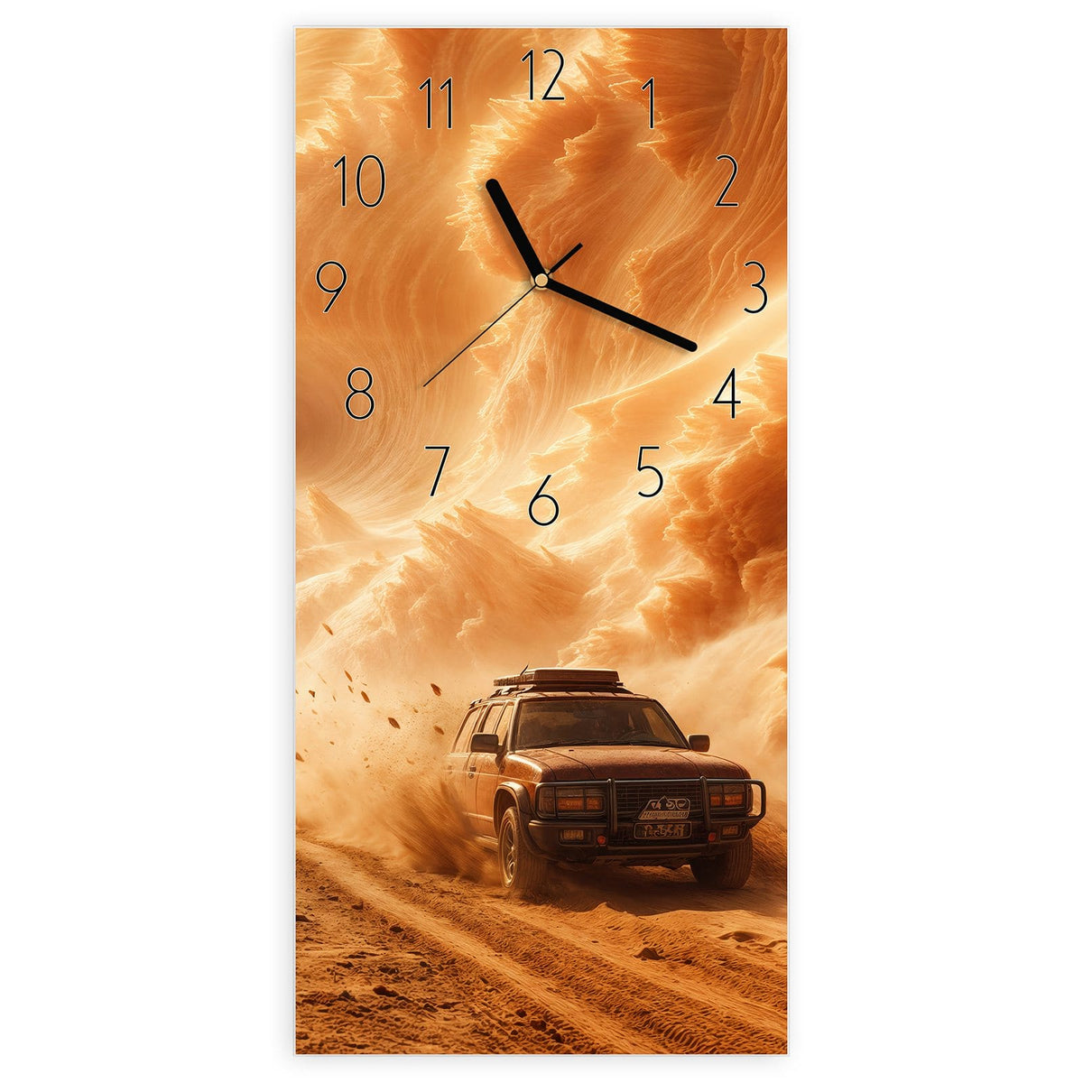 Wanduhr aus Glas, Ziffernblatt Elegant mit Motiv Auto im Sandsturm: Geländewagen fährt vor einer riesigen orangen Sandsturmwand #ziffernblatt_Elegant