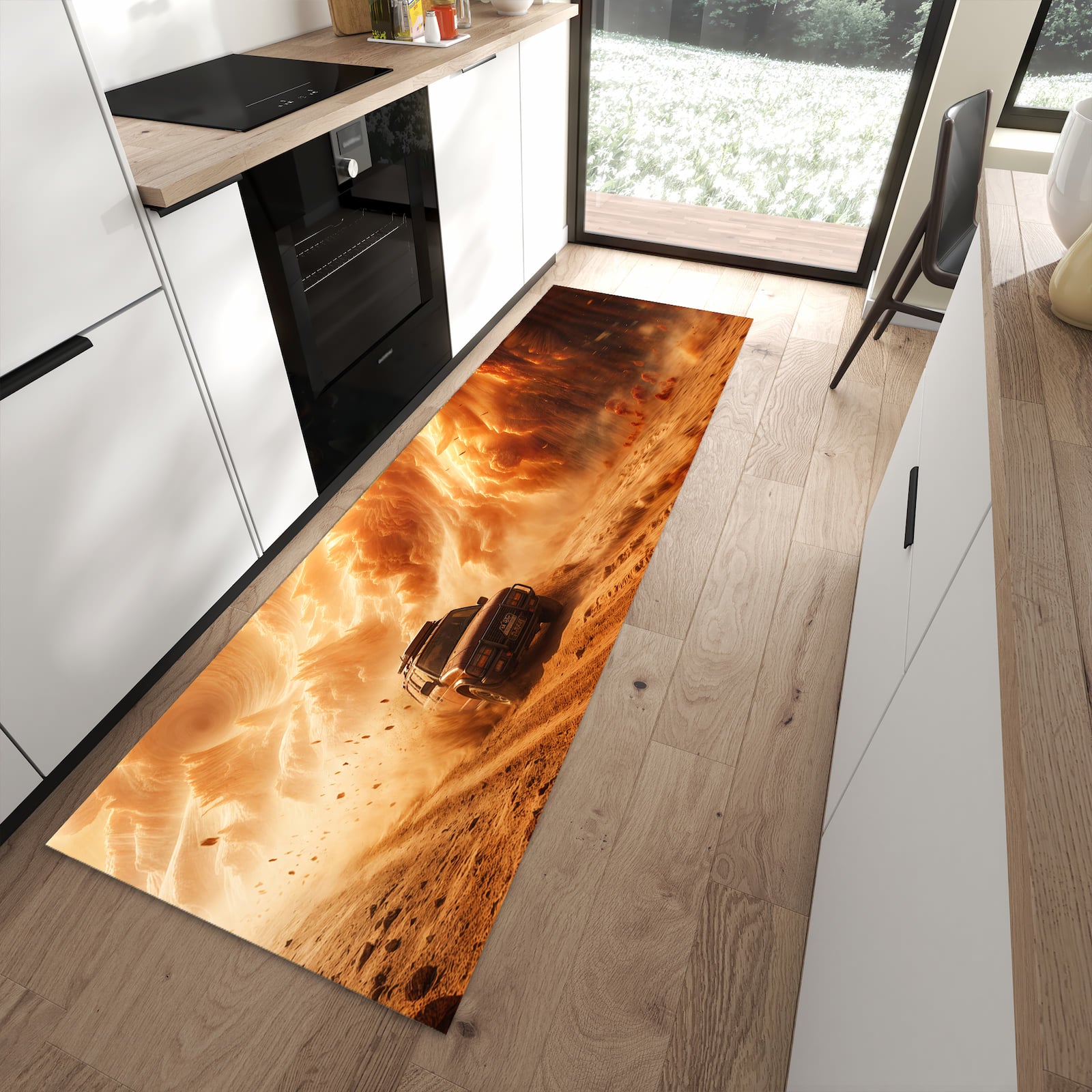 Geräuschdämpfender dünner Teppich mit Motiv Sandsturm Jeep Abenteuer in moderner Küche