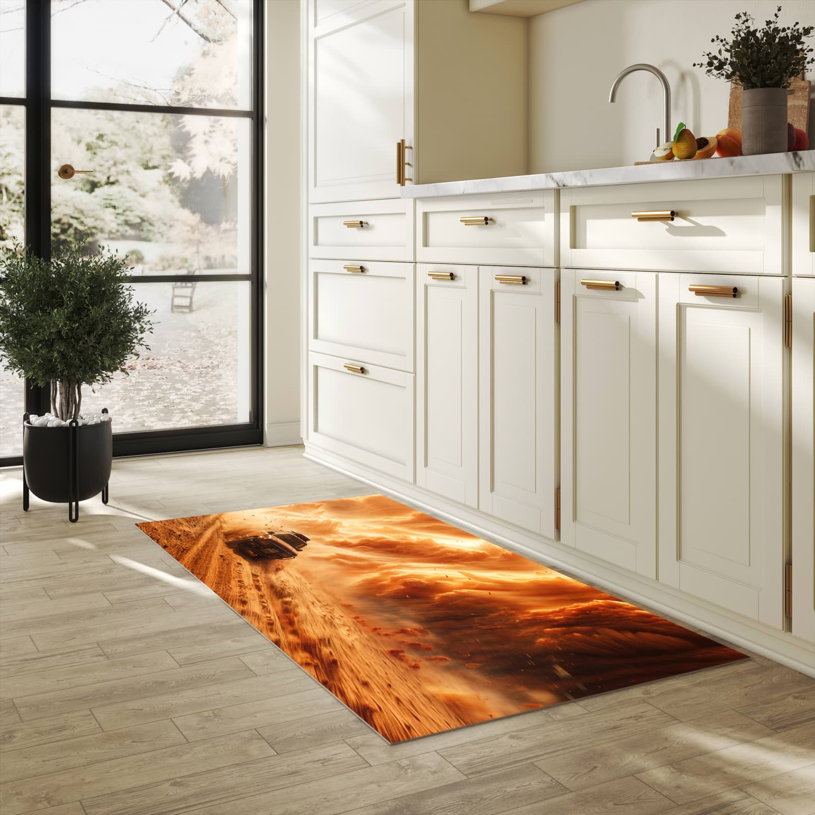 Fleckenresistenter Küchenläufer mit Motiv Sandsturm Jeep Abenteuer in heller Küche
