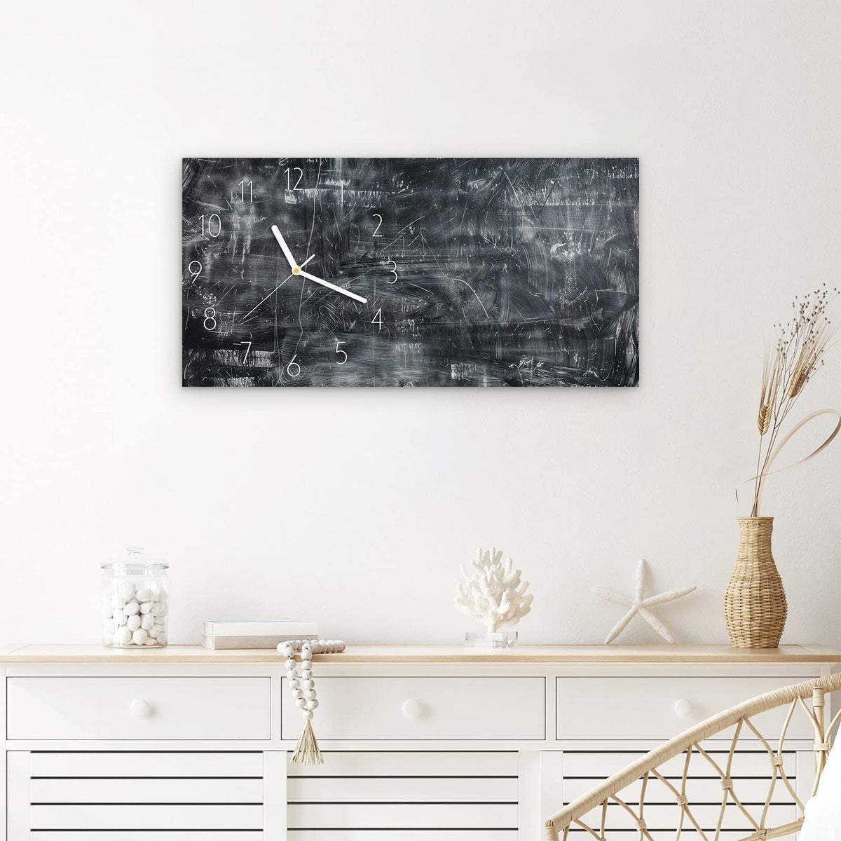 Wanduhr Abstrakte Strukturen aus Glas – Querformat 60 × 30 cm – Kratzspuren in Schwarz und Grau