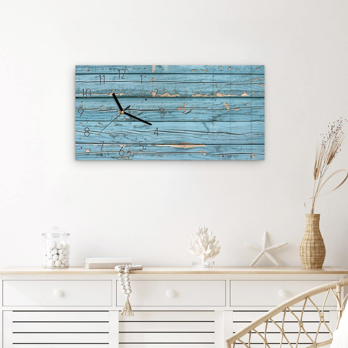 Wanduhr Gealtertes Holz aus Glas – Querformat 60 × 30 cm – Abblätternde türkise Farbe auf Holz
