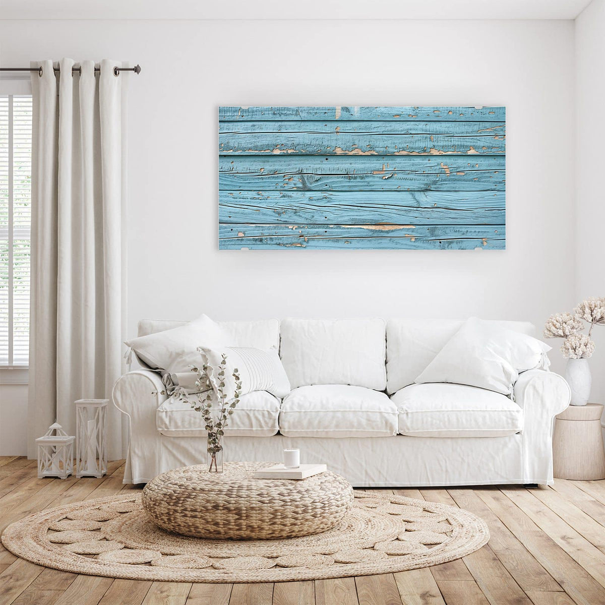 Wandbild - Abblätterndes Hellblau - Querformat – Abblätternde hellblaue Farbe auf Holz
